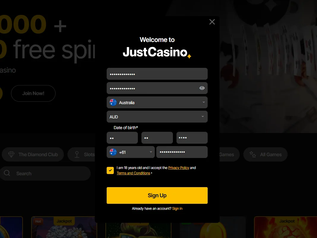 JustCasino sign-up form showing Australia, AUD, date of birth, +61 phone code, age and terms checkbox, and Sign Up button