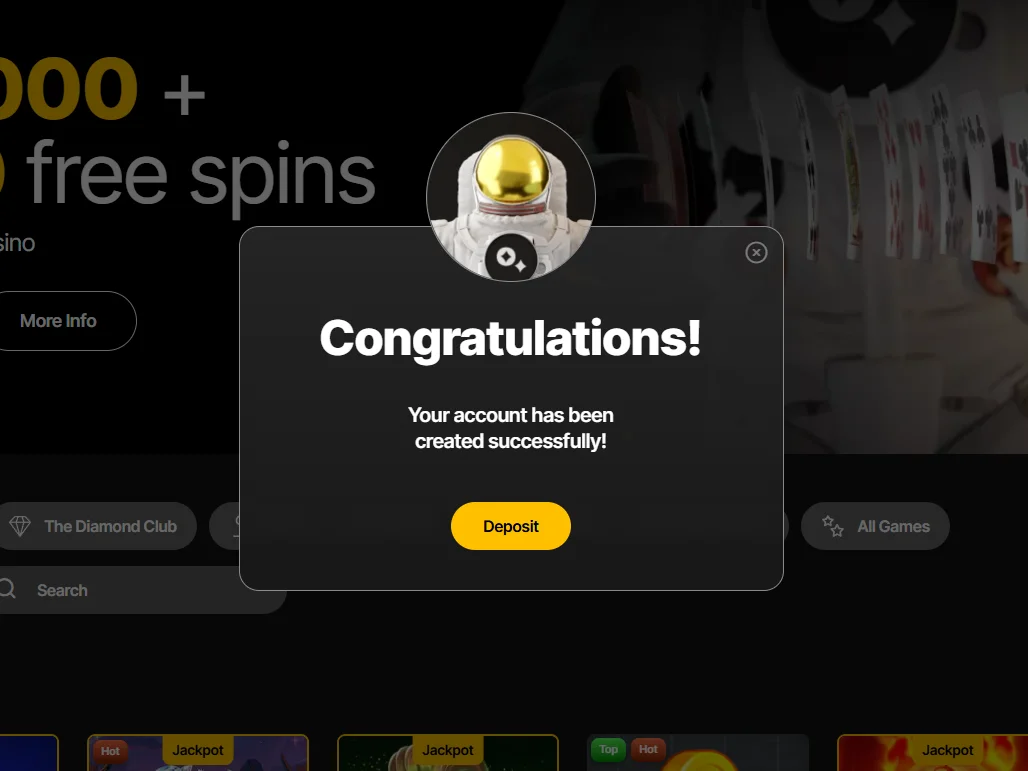 JustCasino account creation confirmation with a Deposit button
