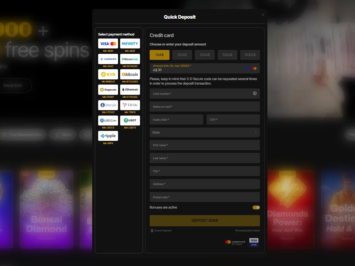 JustCasino Quick Deposit cashier showing payment options, a AU$30 card deposit amount and card and billing fields